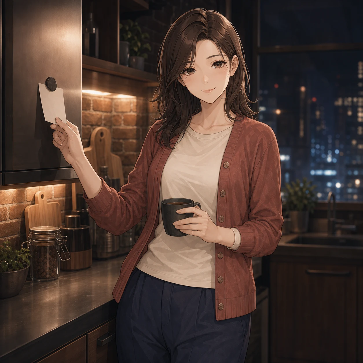 夜の台所で伝える言葉を考えるカナ
