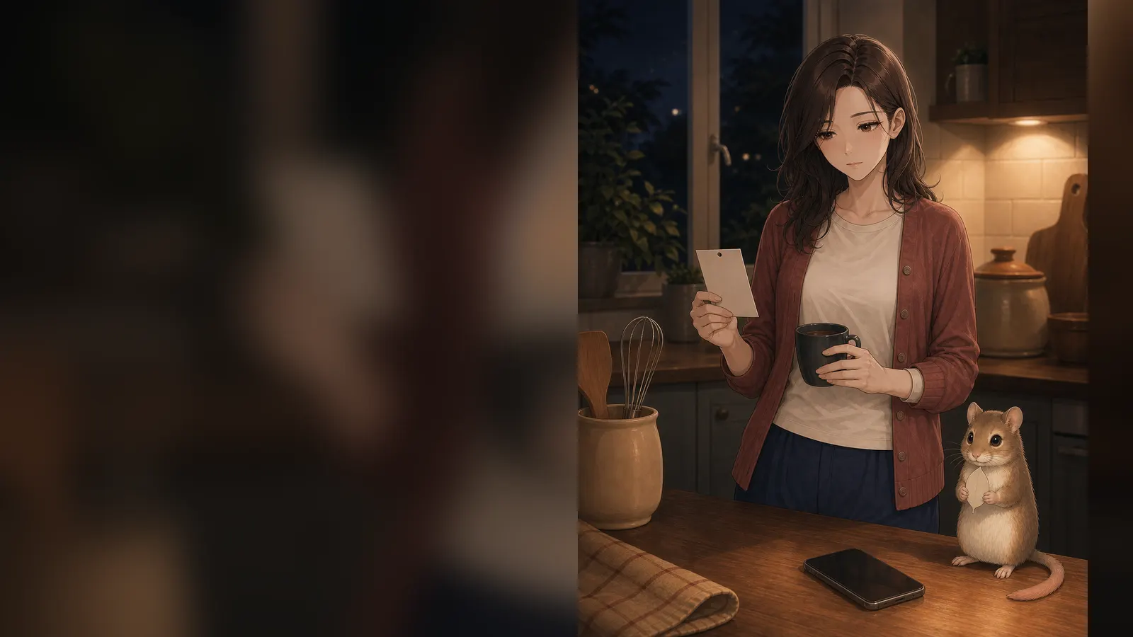 夜の台所で用事のメモを見つめるカナと、一つの葉を預かるメモの場面